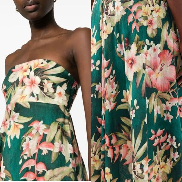 Zimmermann Floral Strapless Smocked Back Linen August Maxi Dress AU 0/US 4 $725 - Picture 2 of 11